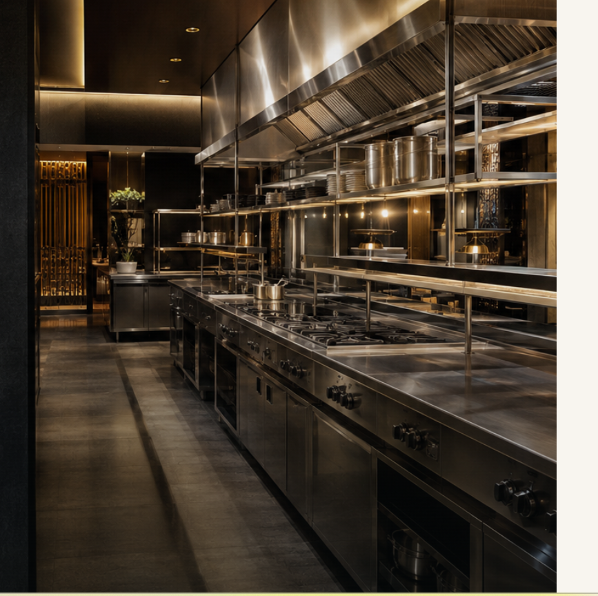Premium hotel commercial kitchen with stainless-steel cooking line and extraction hood